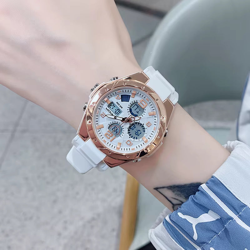 Relógio SANDA branco com mostrador digital e pulseira silicone.