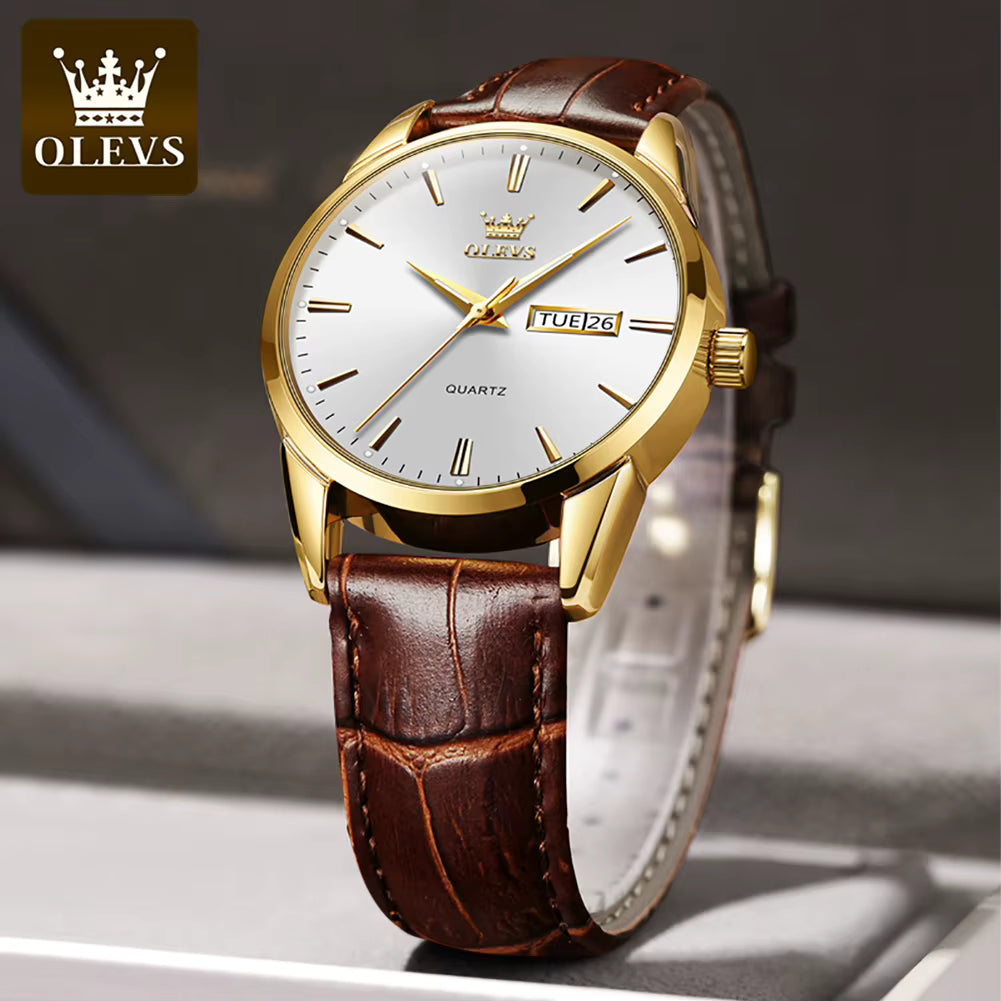 Relógio OLEVS Branco Dourado masculino com pulseira de couro