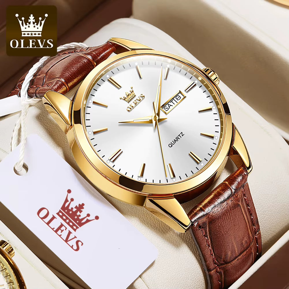 Relógio OLEVS Branco Dourado masculino com pulseira de couro