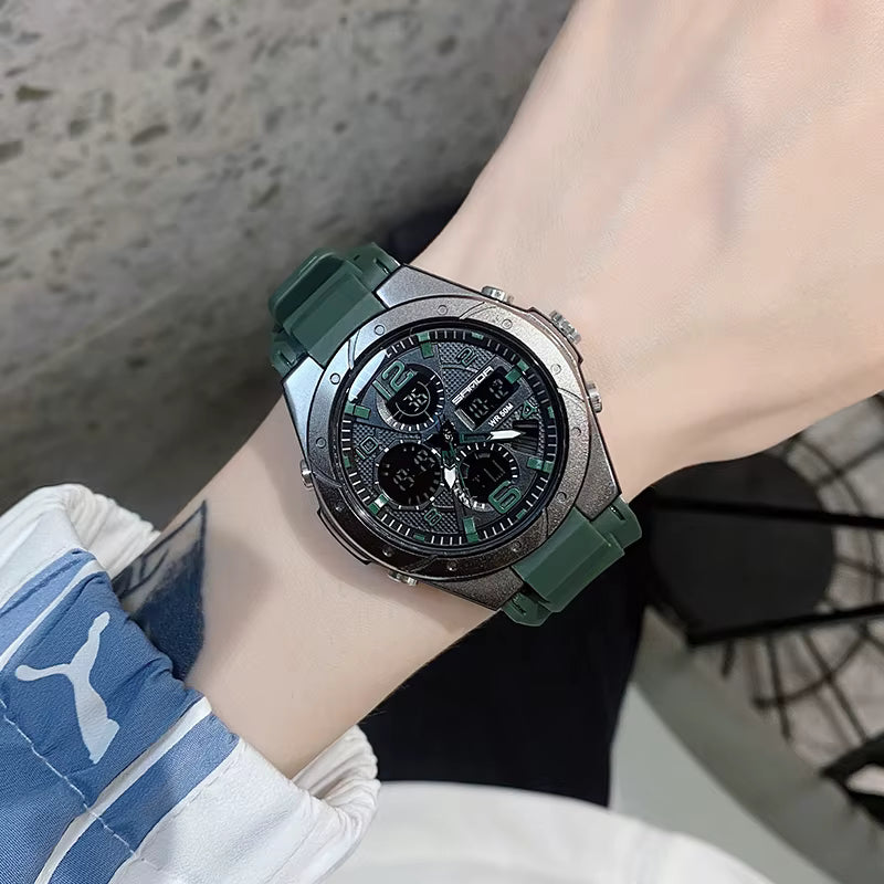 Relógio SANDA verde escuro com mostrador analógico-digital.