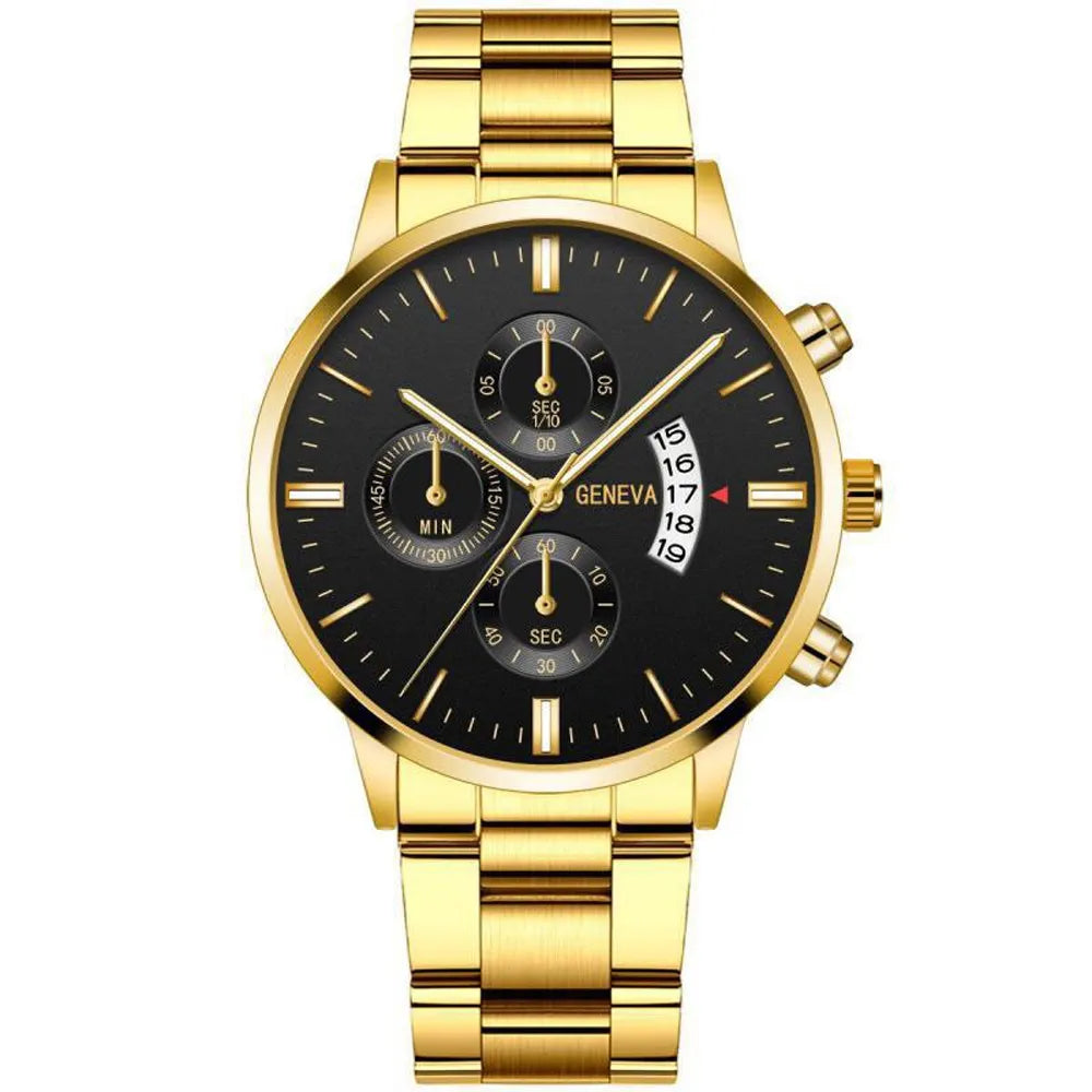 Relógio Mônaco masculino dourado com mostrador preto e pulseira em aço inoxidável