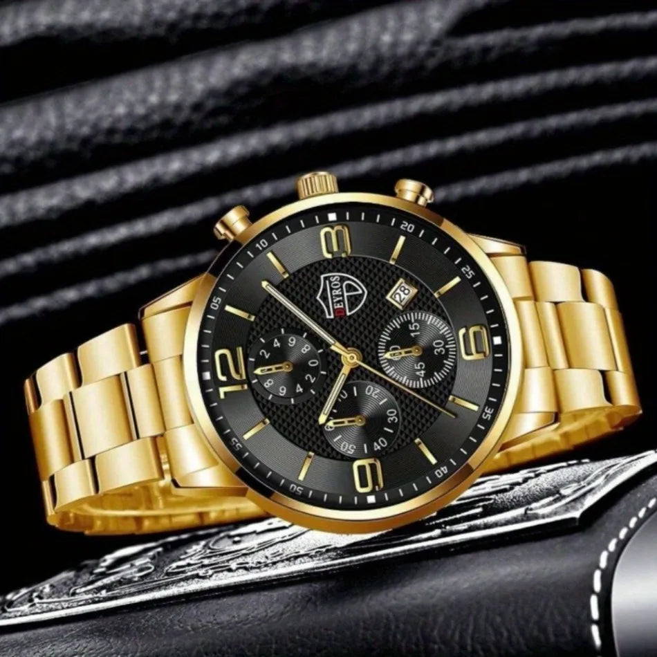 Relógio masculino DEYROS com pulseira dourada e mostrador preto elegante e sofisticado