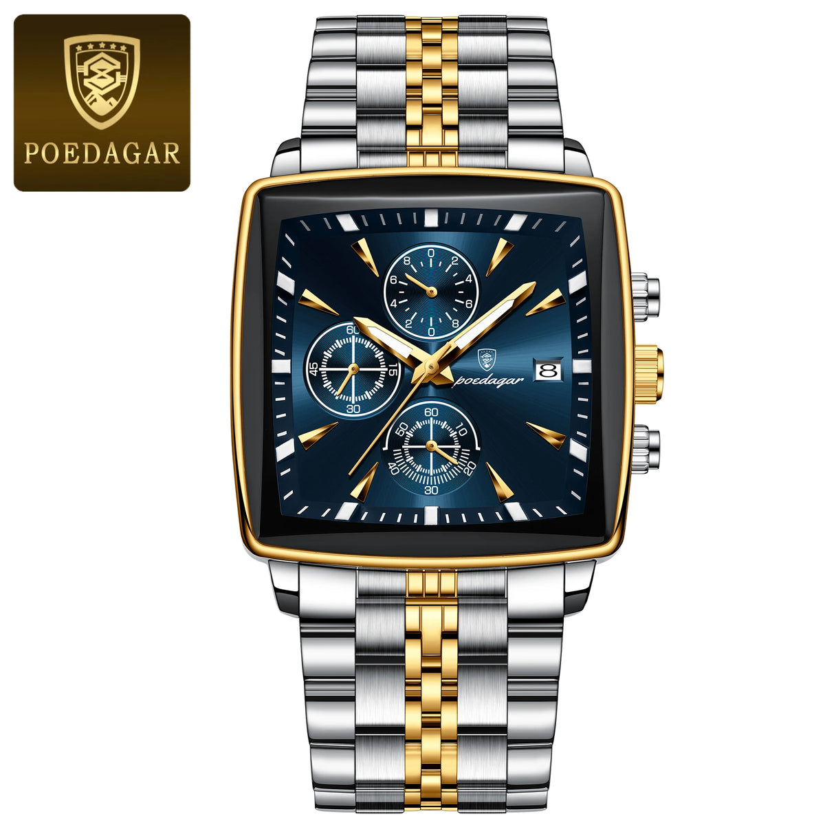 Relógio masculino POEDAGAR azul dourado quadrado com pulseira inox bicolor