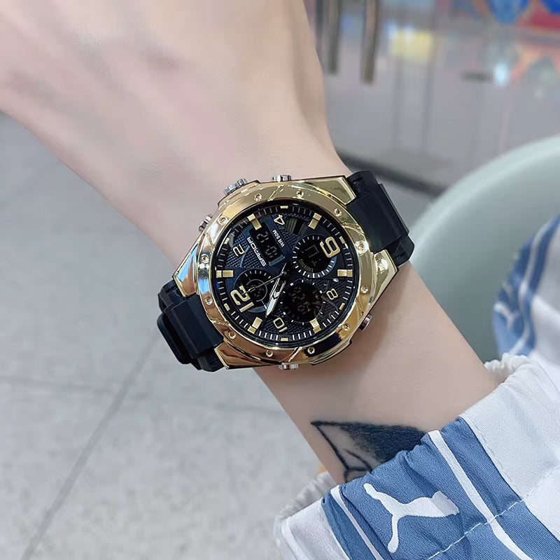 Relógio SANDA preto dourado com mostrador analógico-digital.