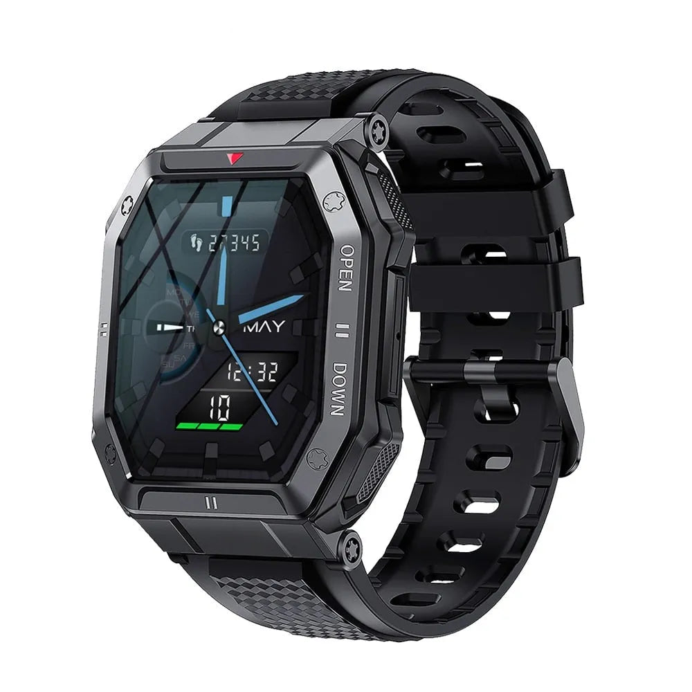 Smartwatch militar preto masculino com ligações, monitoramento saúde e visual esportivo sofisticado.