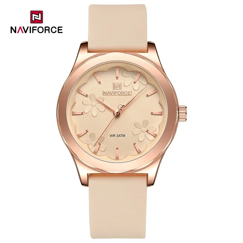Relógio feminino bege NAVIFORCE com mostrador floral elegante