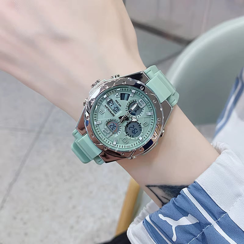 Relógio SANDA verde com mostrador digital e pulseira silicone.