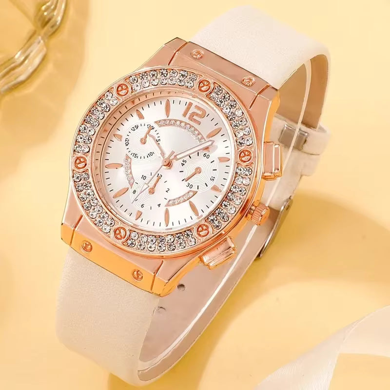 Relógio feminino branco com cristais e pulseira rosa flor sofisticada.