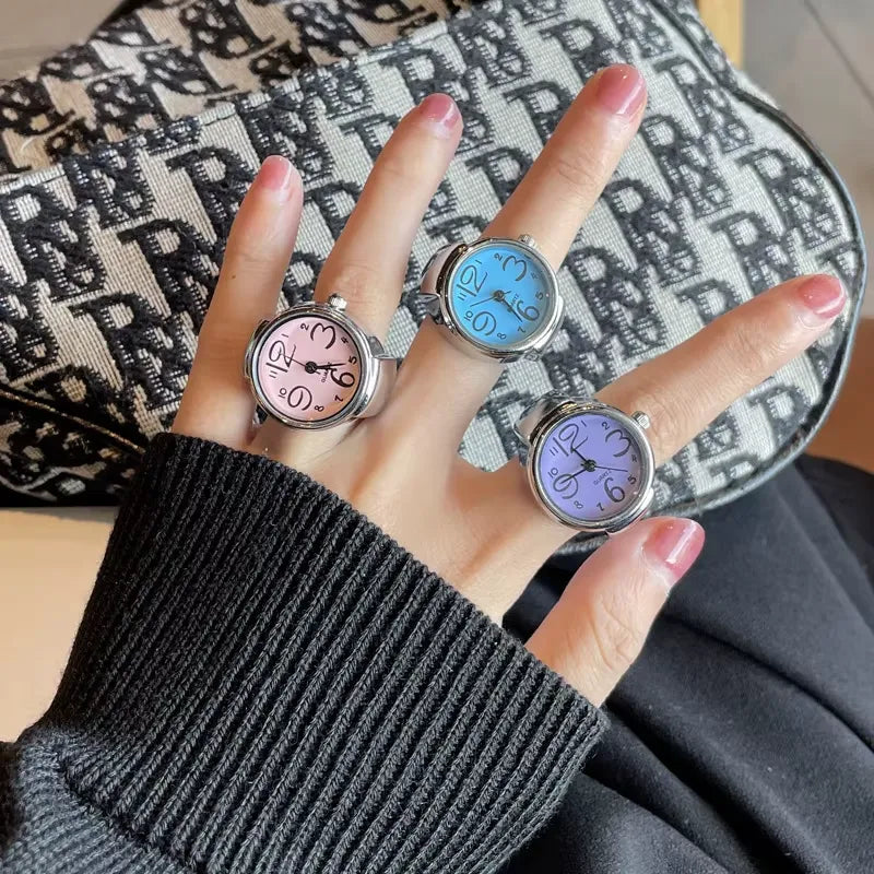 vários Aneis-Relógio Quartzo com mostrador circular e pulseira prateada ajustável