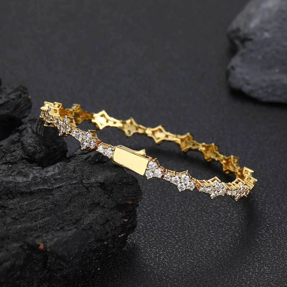 Bracelete dourado cravejado com zircônias brilhantes, estilo hip hop moderno para homens e mulheres.