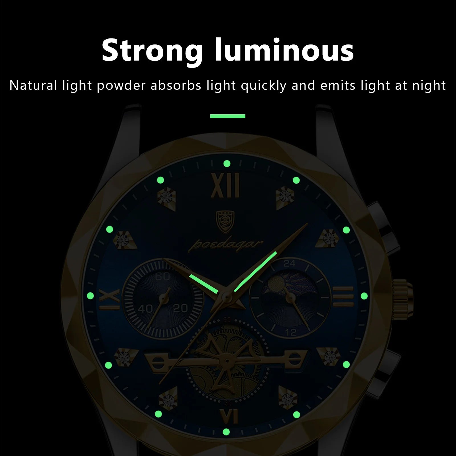 POEDAGAR Relógio de pulso masculino de luxo, Quartzo, à prova d'água, cronógrafo luminoso, relógio de aço inoxidável.