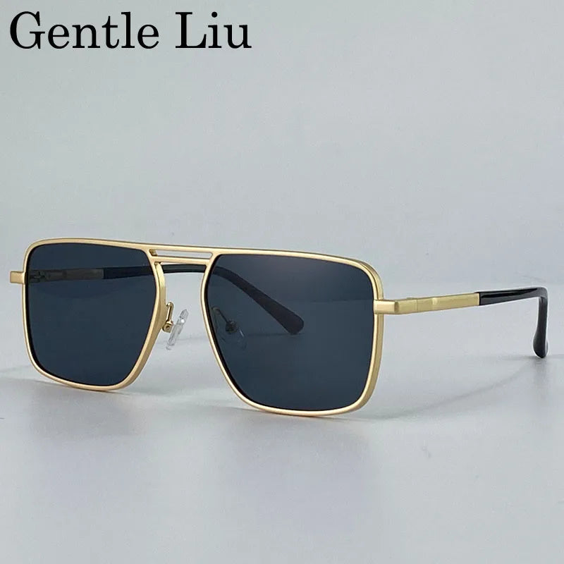 Óculos quadrado masculino dourado Gentle Liu com lente escura UV400, estilo oversized e armação metálica dupla