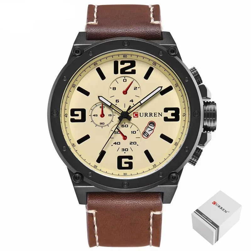 Relógio Curren masculino bege com pulseira marrom sofisticada