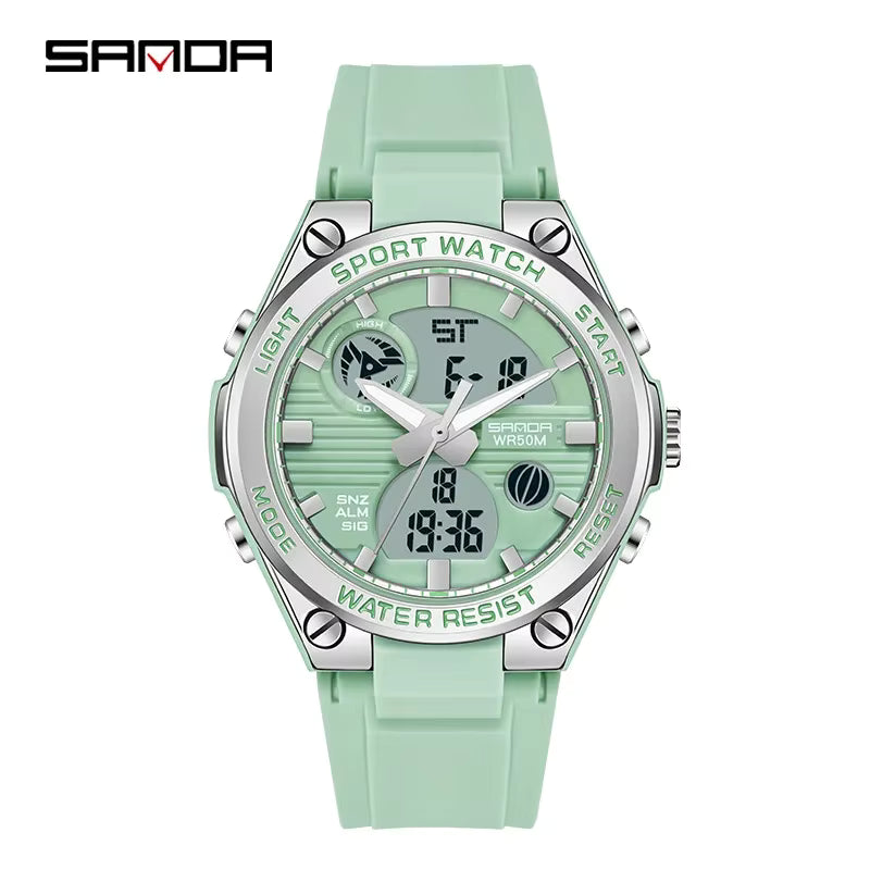Relógio SANDA verde com mostrador digital e pulseira silicone.