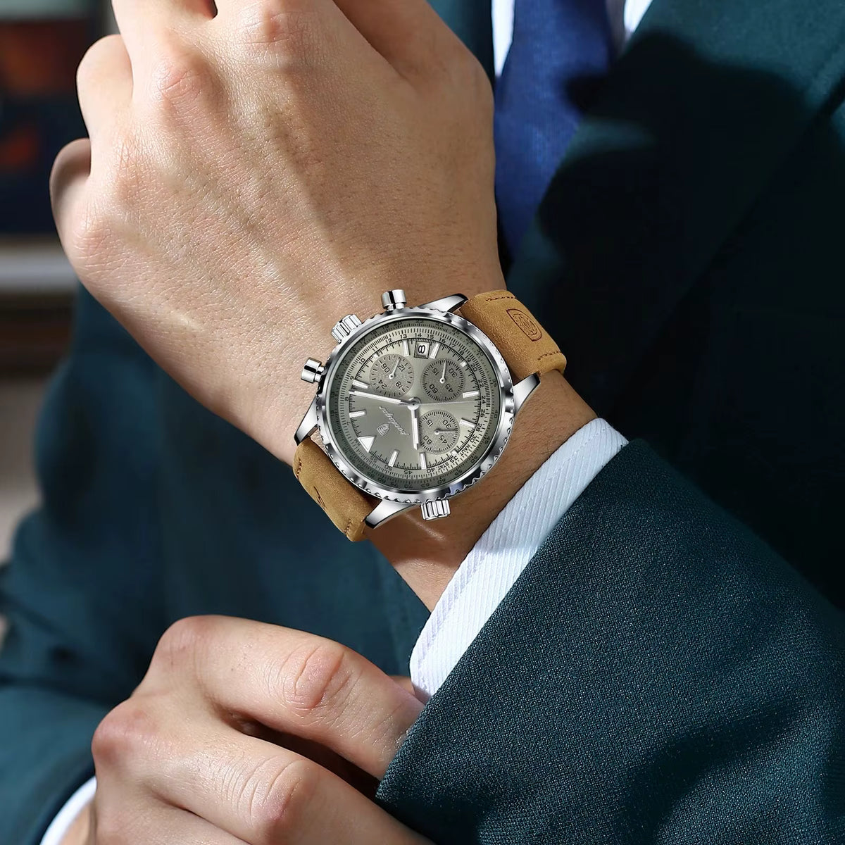 Relógio masculino POEDAGAR prata com pulseira de couro e mostrador cronógrafo sofisticado