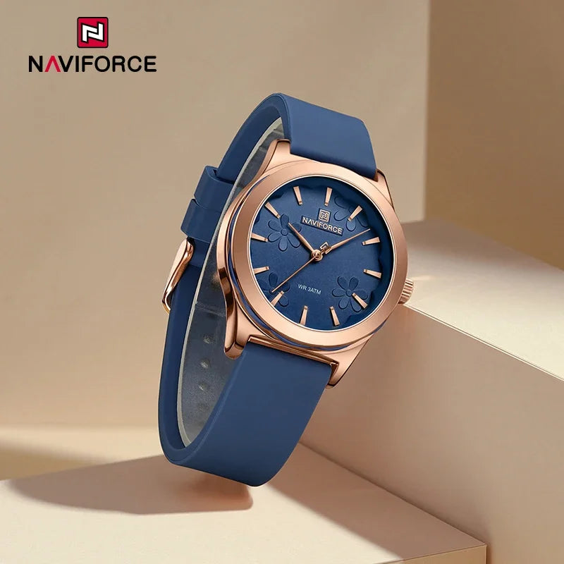 Relógio feminino azul NAVIFORCE com pulseira de silicone e mostrador floral