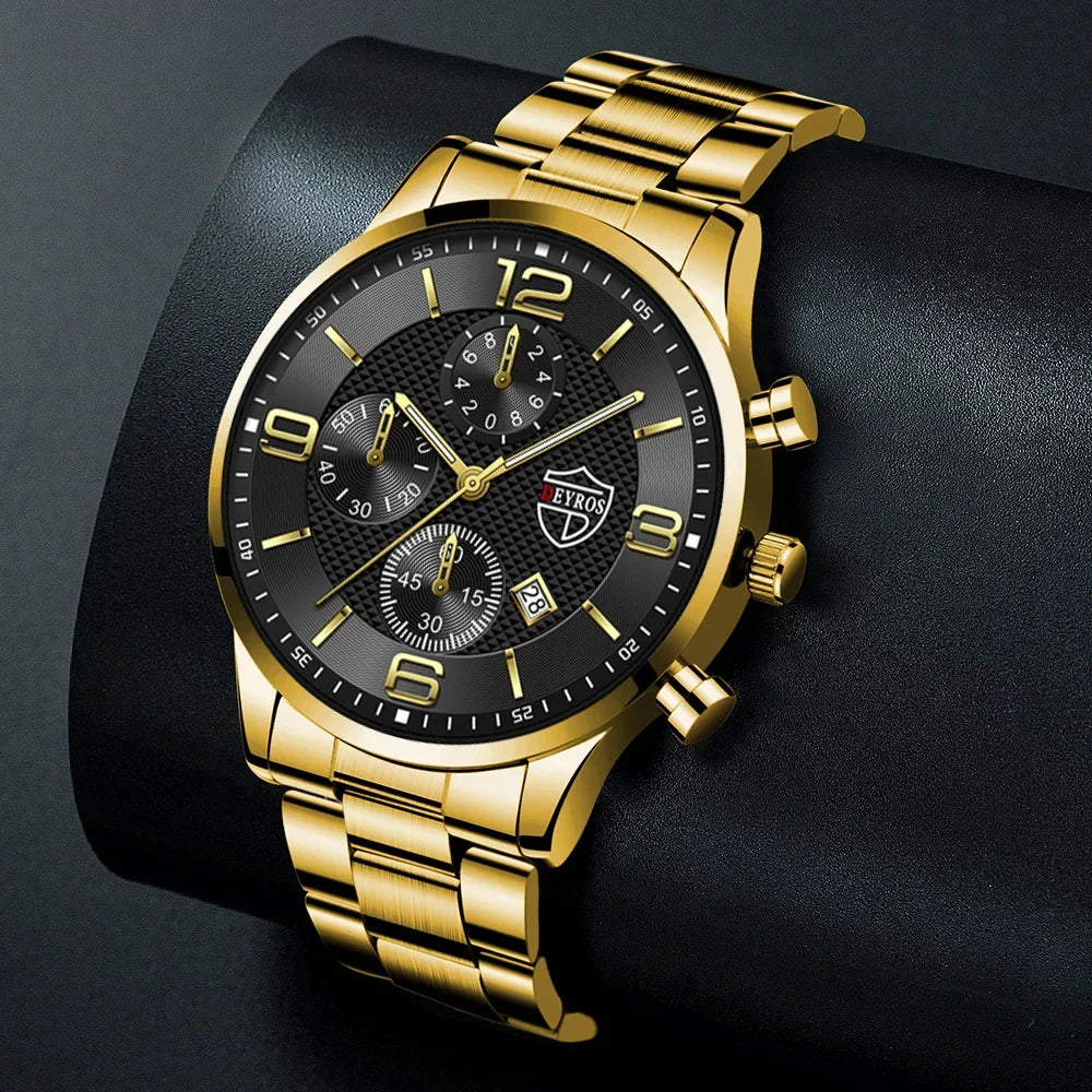 Relógio masculino DEYROS com pulseira dourada e mostrador preto elegante e sofisticado