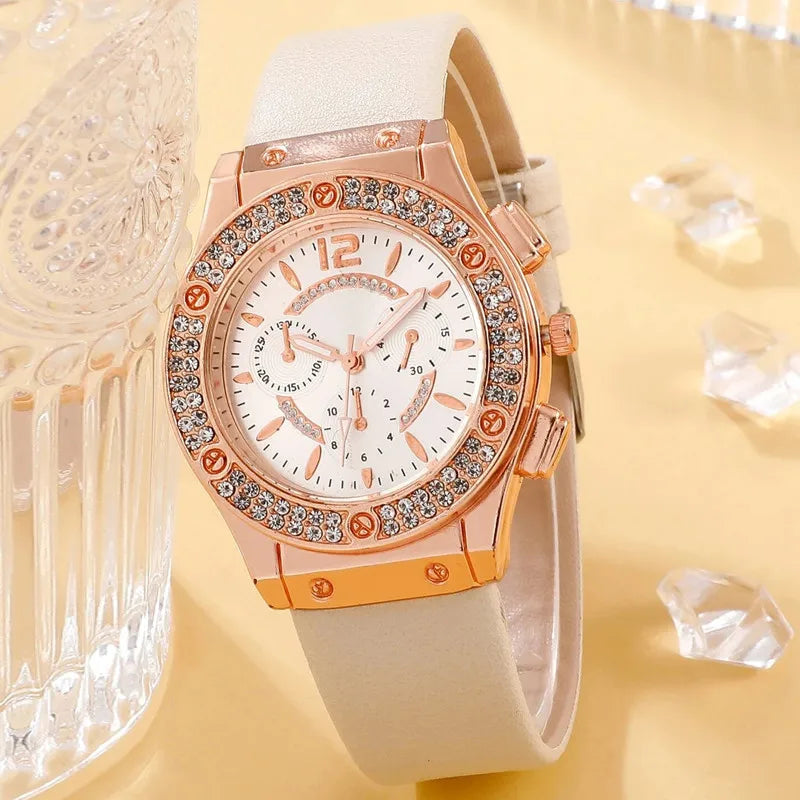 Relógio feminino branco com cristais e pulseira rosa flor sofisticada.