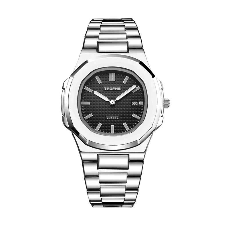 Relógio masculino aço inoxidável com mostrador preto e pulseira prateada.