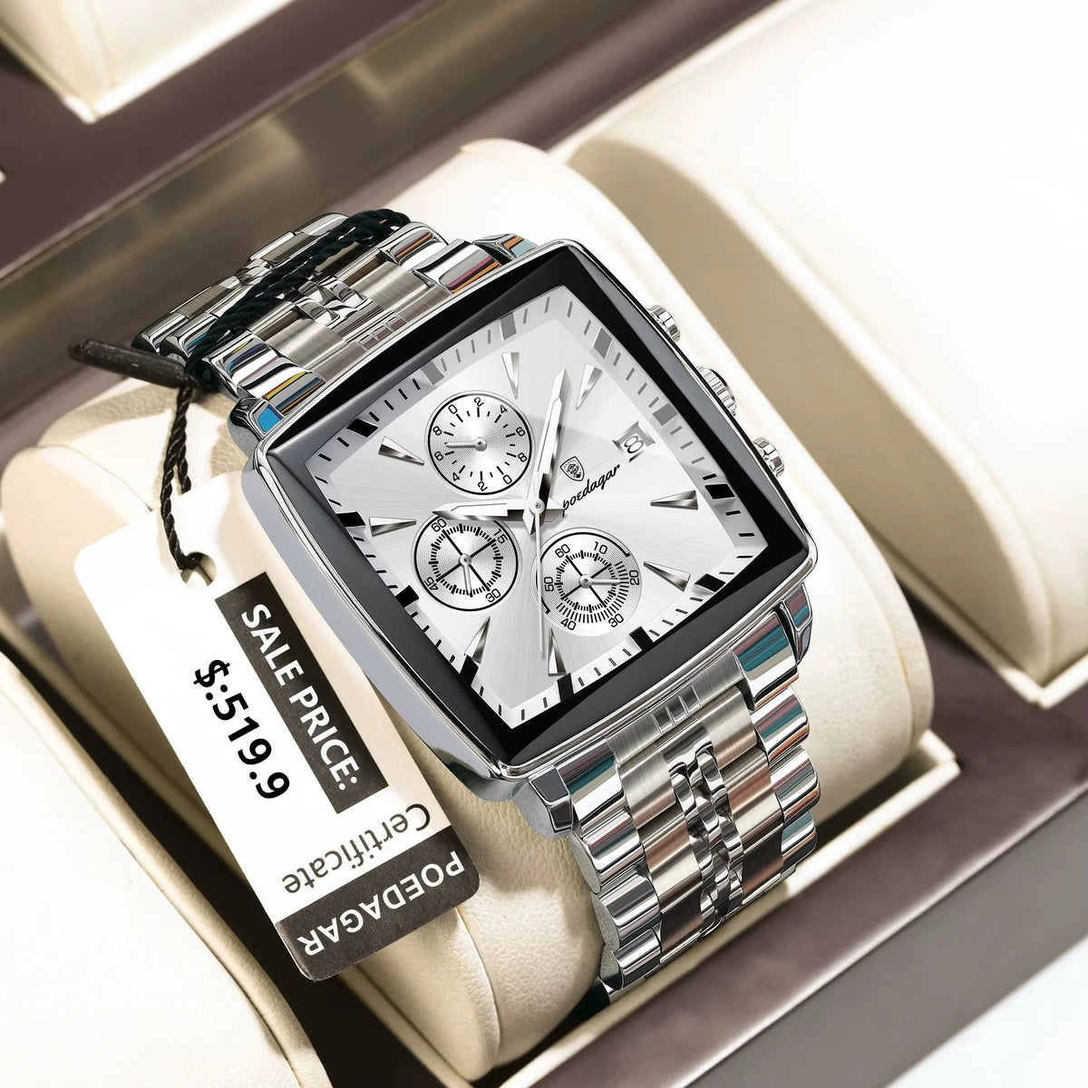 Relógio POEDAGAR branco prateado masculino com pulseira em aço inox e mostrador claro