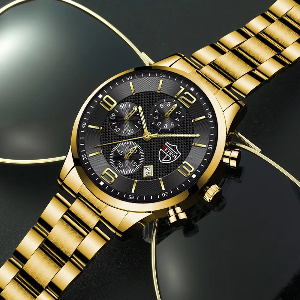 Relógio masculino DEYROS com pulseira dourada e mostrador preto elegante e sofisticado