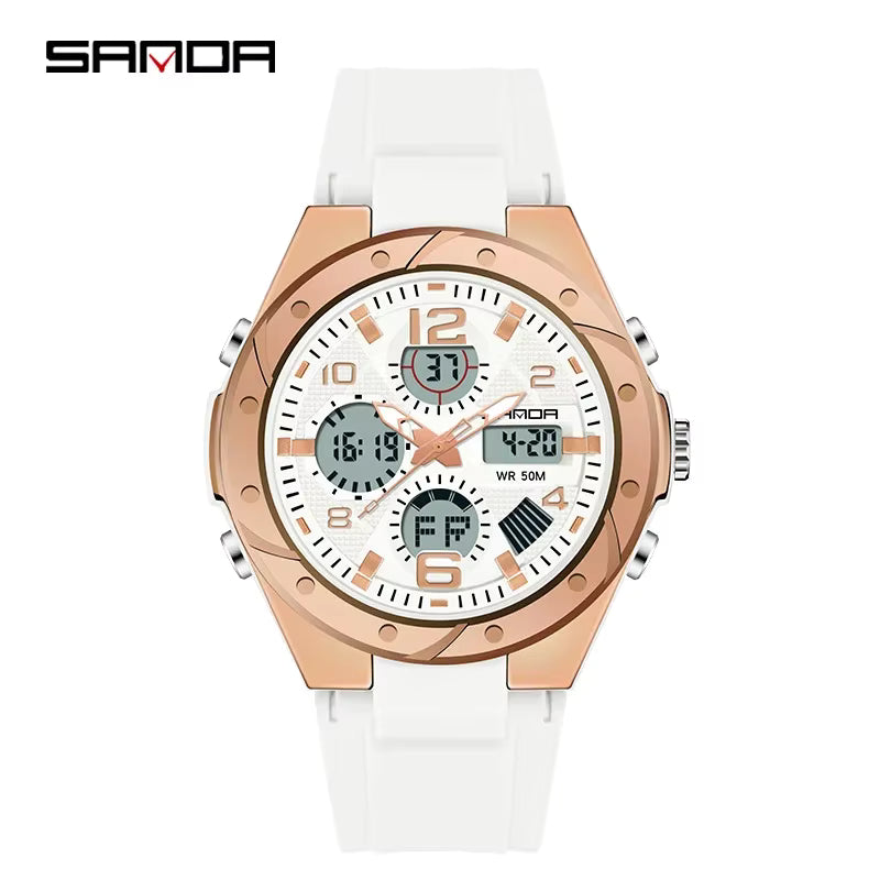 Relógio SANDA branco com mostrador digital e pulseira silicone.