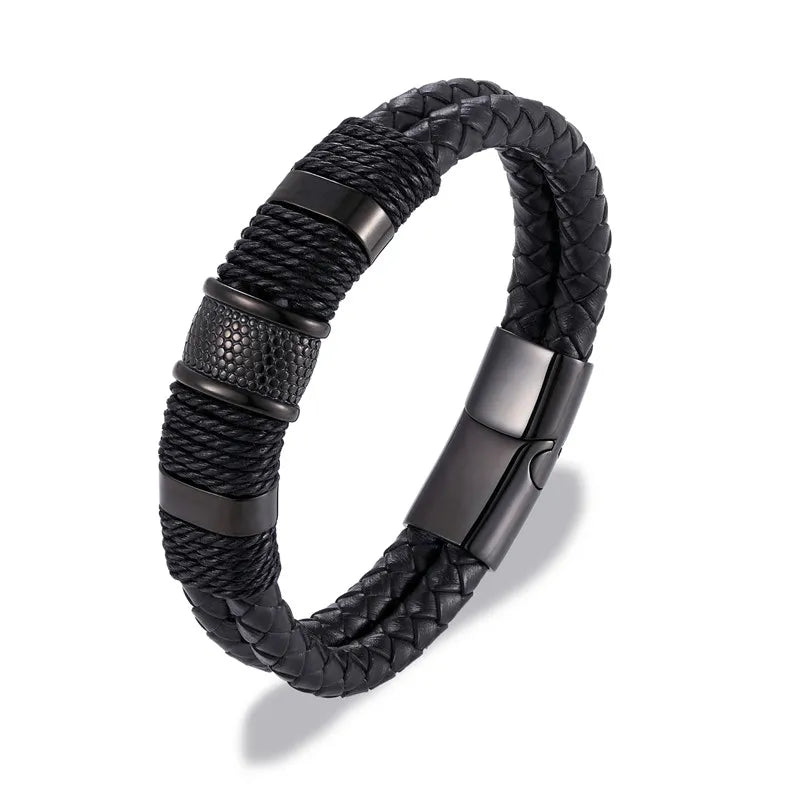 Pulseira masculina couro trançado com detalhe em aço inoxidável preto
