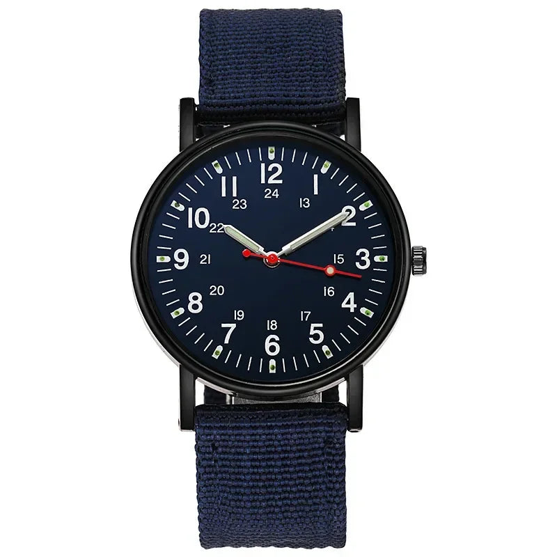 Relógio masculino azul escuro com mostrador preto e pulseira de nylon casual