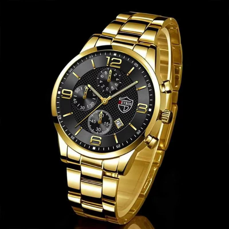 Relógio masculino DEYROS com pulseira dourada e mostrador preto elegante e sofisticado