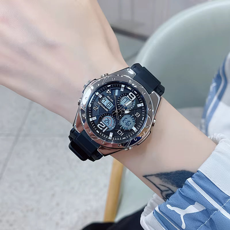 Relógio SANDA preto prateado com mostrador digital e pulseira silicone.