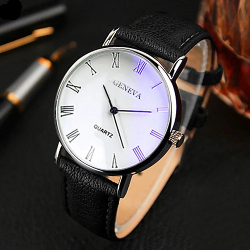 Relógio Geneva mostrador branco, pulseira couro sintético, design clássico masculino.