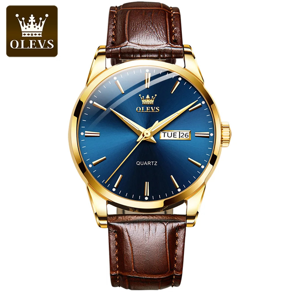Relógio OLEVS Azul Dourado masculino com pulseira de couro