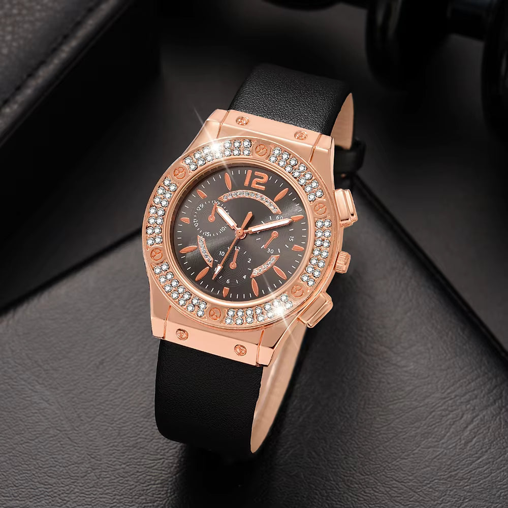 Relógio feminino preto luxo com cristais e pulseira rosa flor elegante.