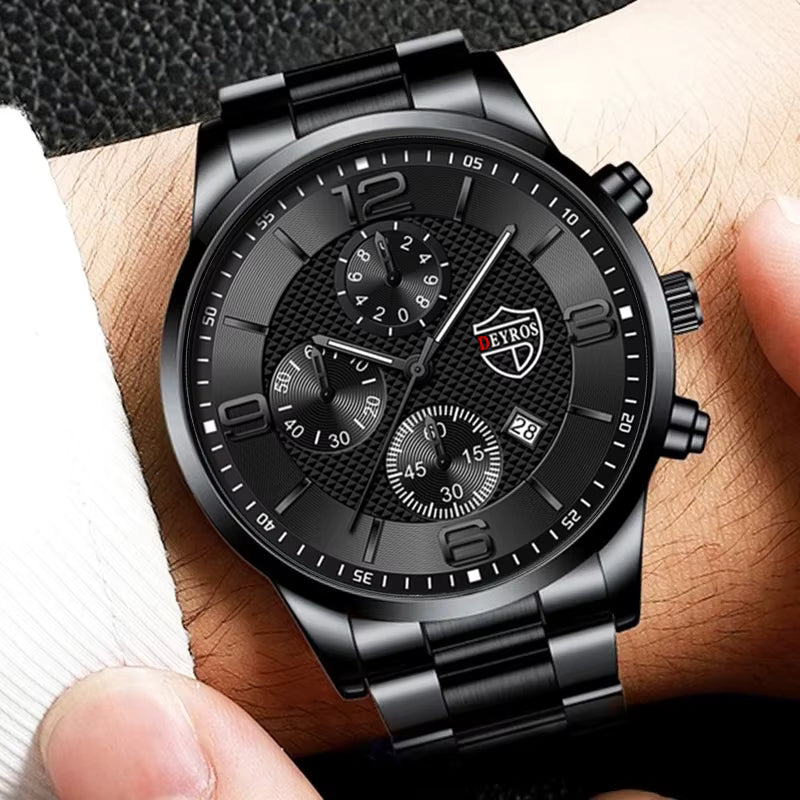 Relógio masculino preto DEYROS com pulseira de aço inoxidável e mostrador com calendário