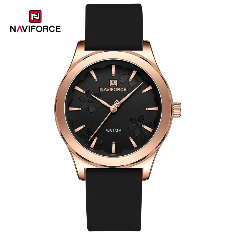 Relógio feminino preto NAVIFORCE com pulseira de silicone e mostrador floral