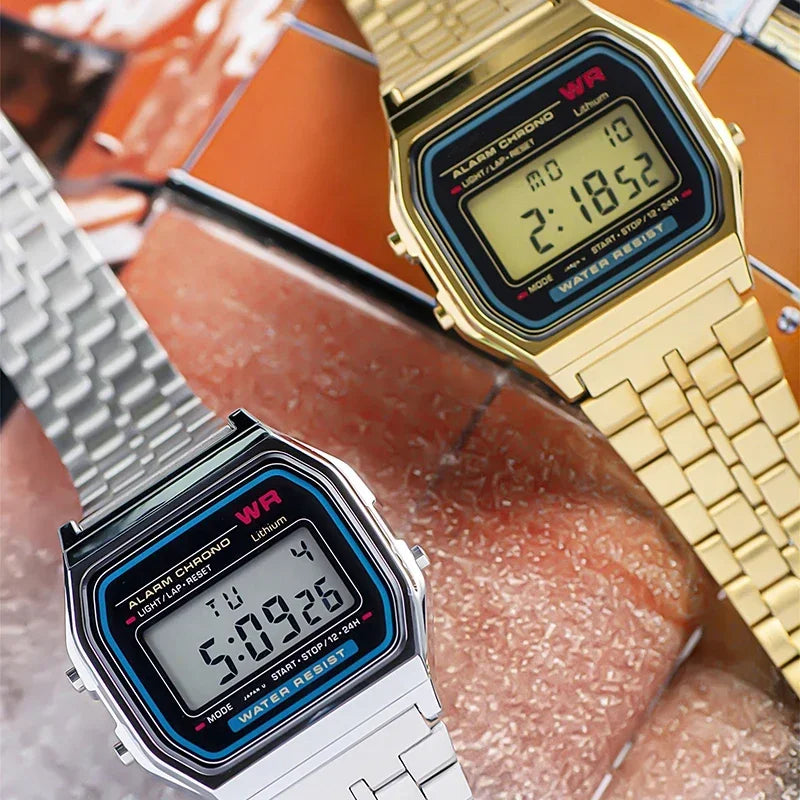 Relógio Clássico dourado com pulseira de aço inoxidável e display LED.