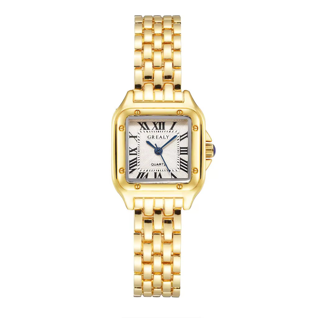 Relógio feminino dourado com mostrador romano e pulseira aço inox.