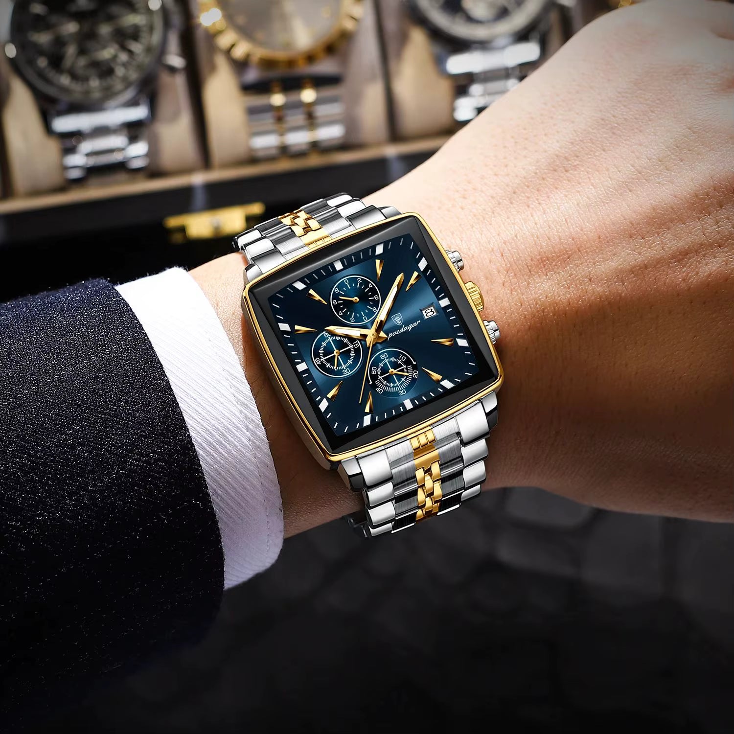 Relógio masculino POEDAGAR azul dourado quadrado com pulseira inox bicolor