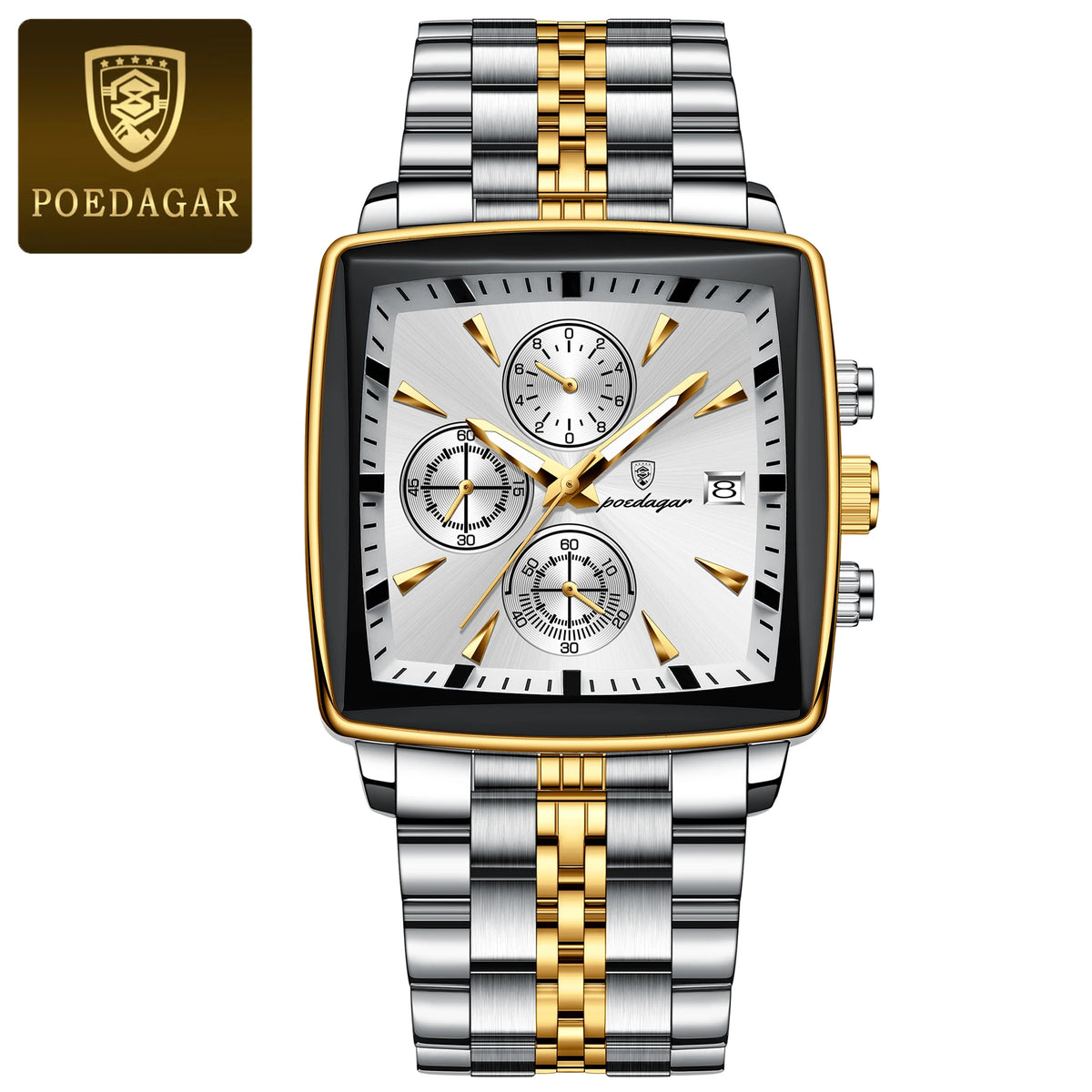 Relógio masculino POEDAGAR ouro branco com mostrador claro e pulseira inox dourada