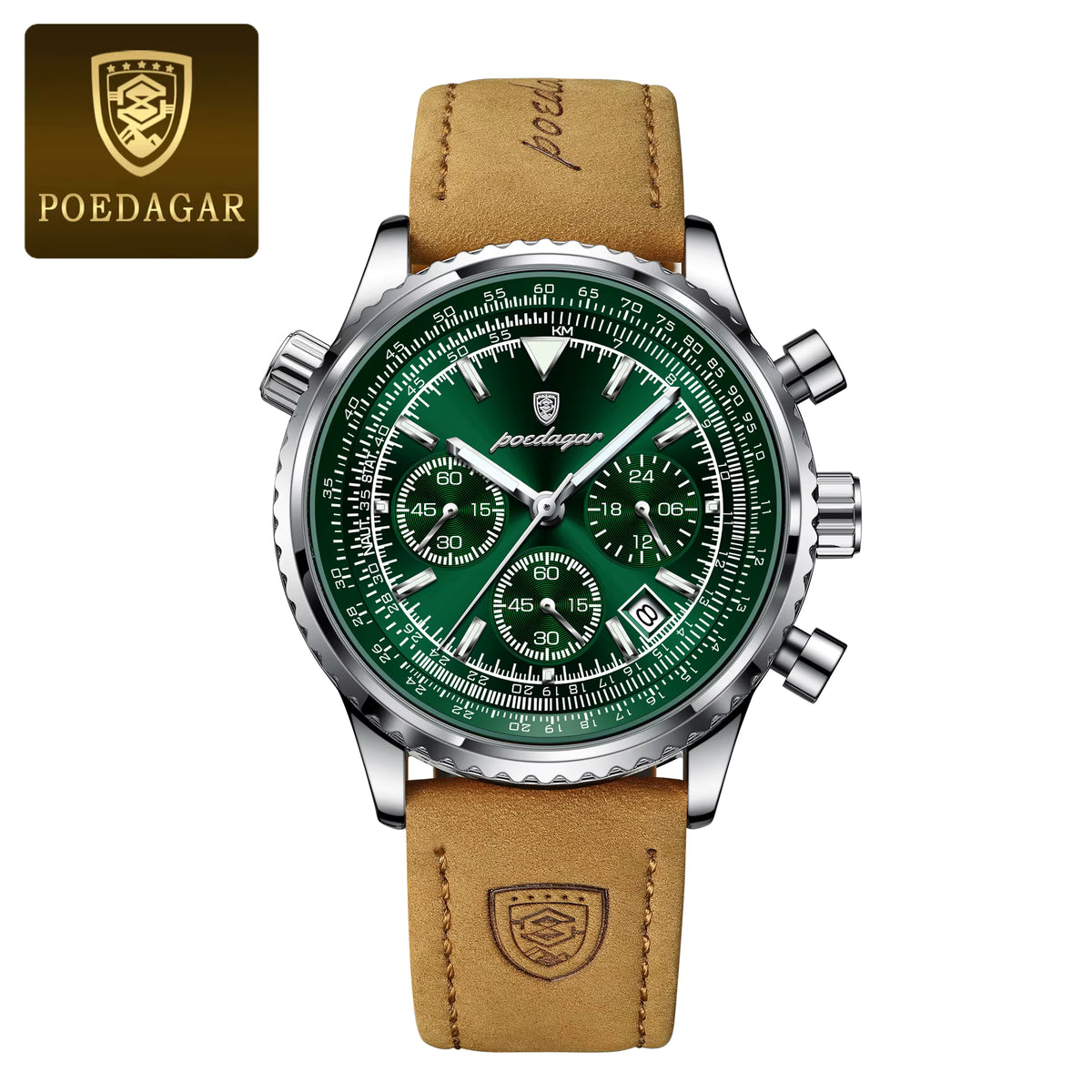 Relógio masculino POEDAGAR verde com pulseira de couro e cronógrafo esportivo elegante