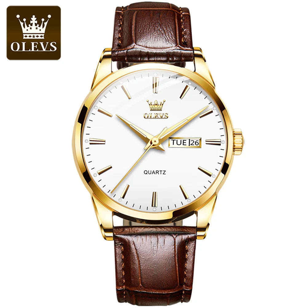 Relógio OLEVS Branco Dourado masculino com pulseira de couro