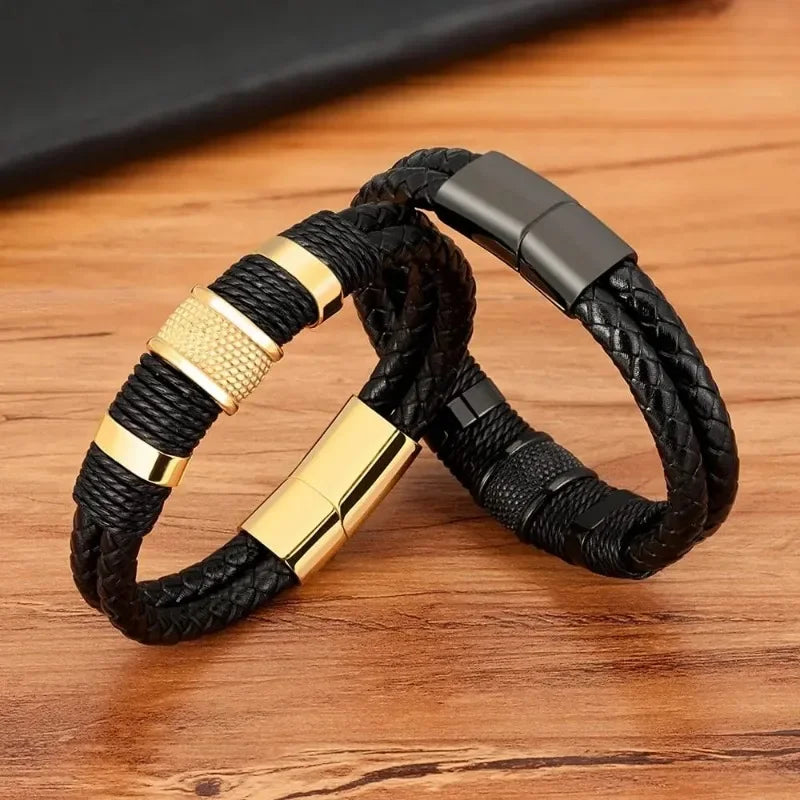 Pulseira masculina couro trançado com detalhe em aço inoxidável dourado