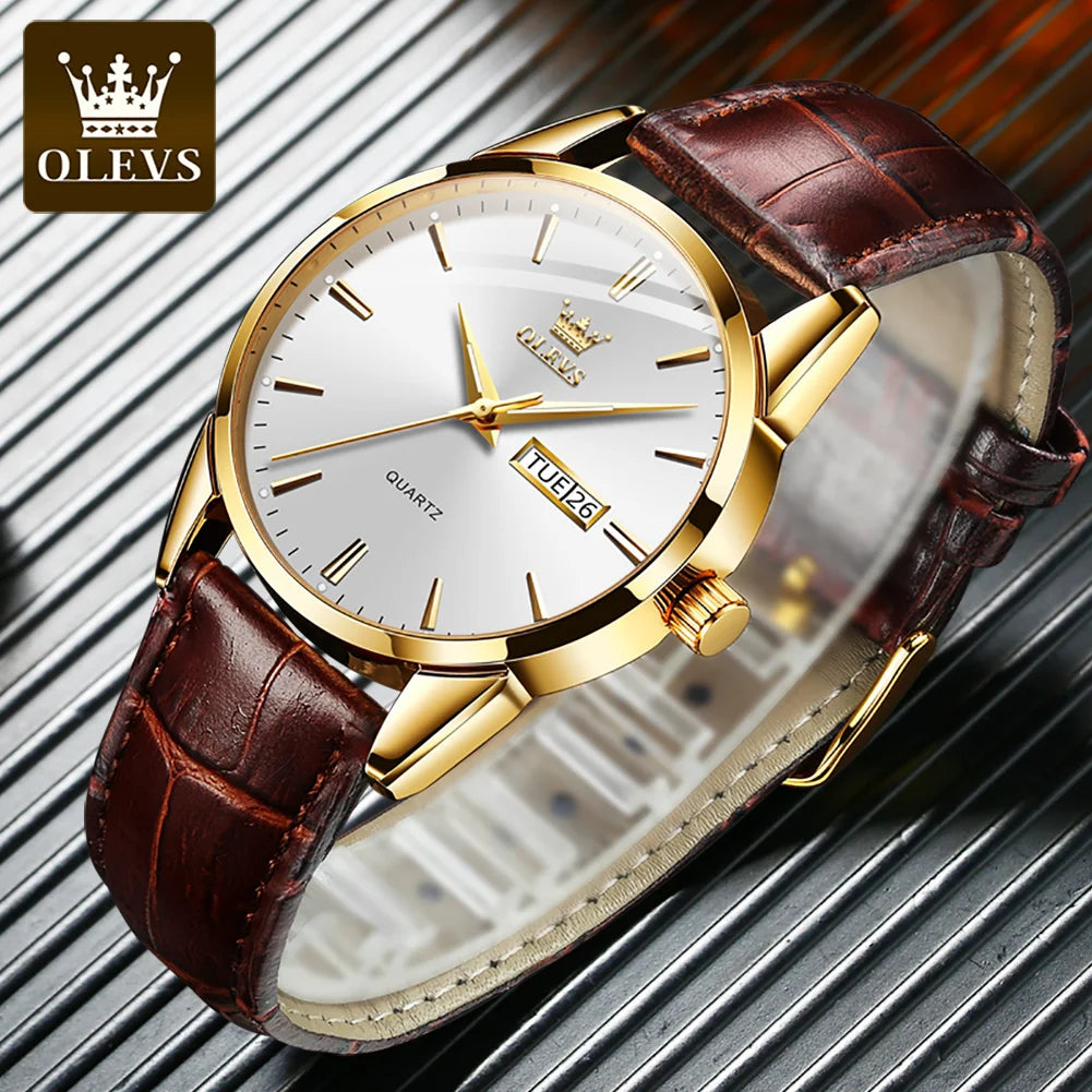 Relógio OLEVS Branco Dourado masculino com pulseira de couro