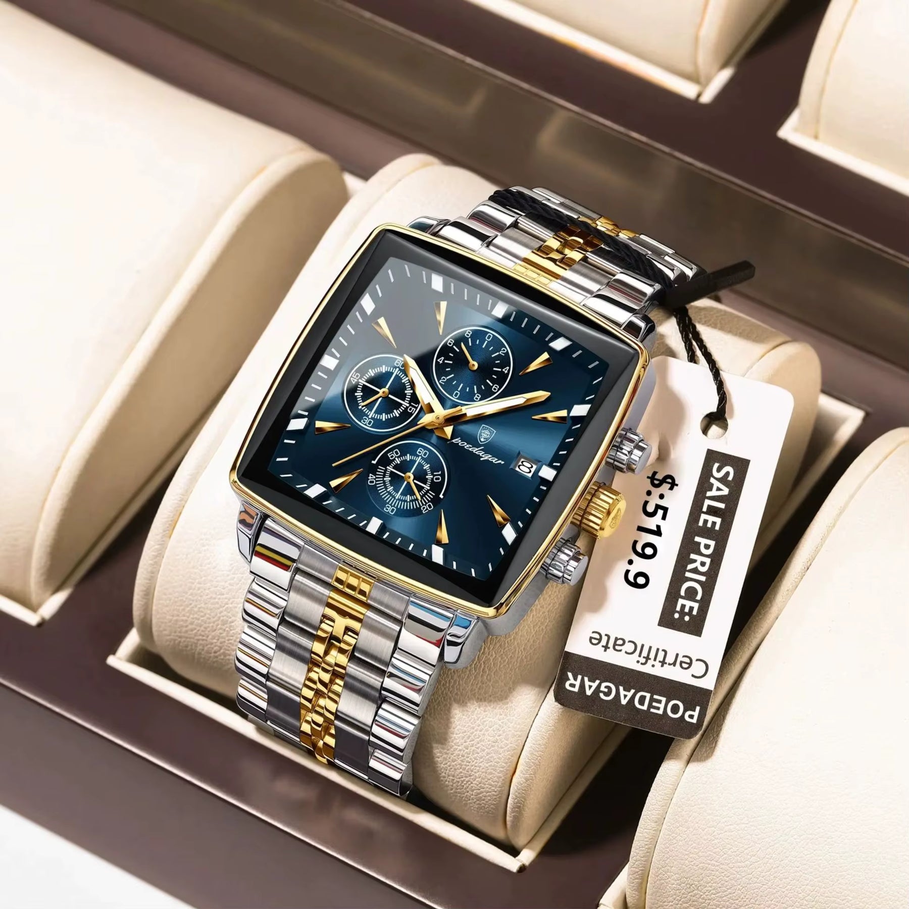 Relógio masculino POEDAGAR azul dourado quadrado com pulseira inox bicolor