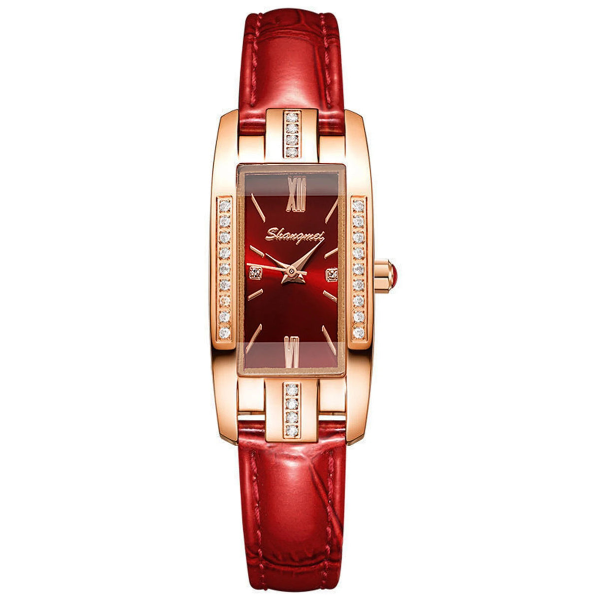 Relógio feminino vintage vermelho com mostrador e pulseira de couro, strass e caixa retangular.