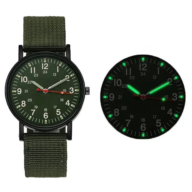 Relógio verde militar masculino com mostrador escuro e pulseira de nylon resistente