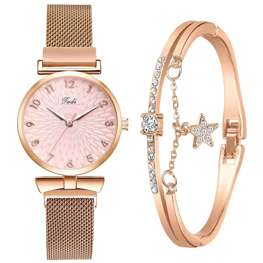 Relógio feminino rosa com pulseira strass rosé gold conjunto elegante.