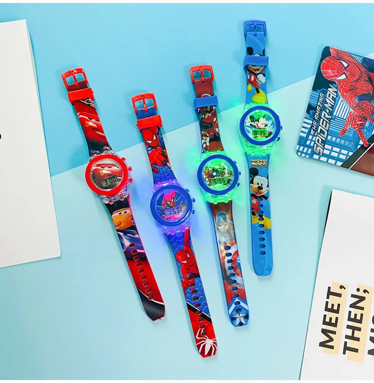 Relógio de desenho animado infantil com Flash Light, Relógios infantis, Meninos, Meninas, Estudante, Tubarão, Mickey, Presentes, Frete Grátis, Homem-Aranha
