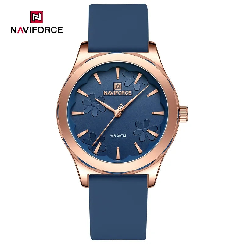 Relógio feminino azul NAVIFORCE com pulseira de silicone e mostrador floral