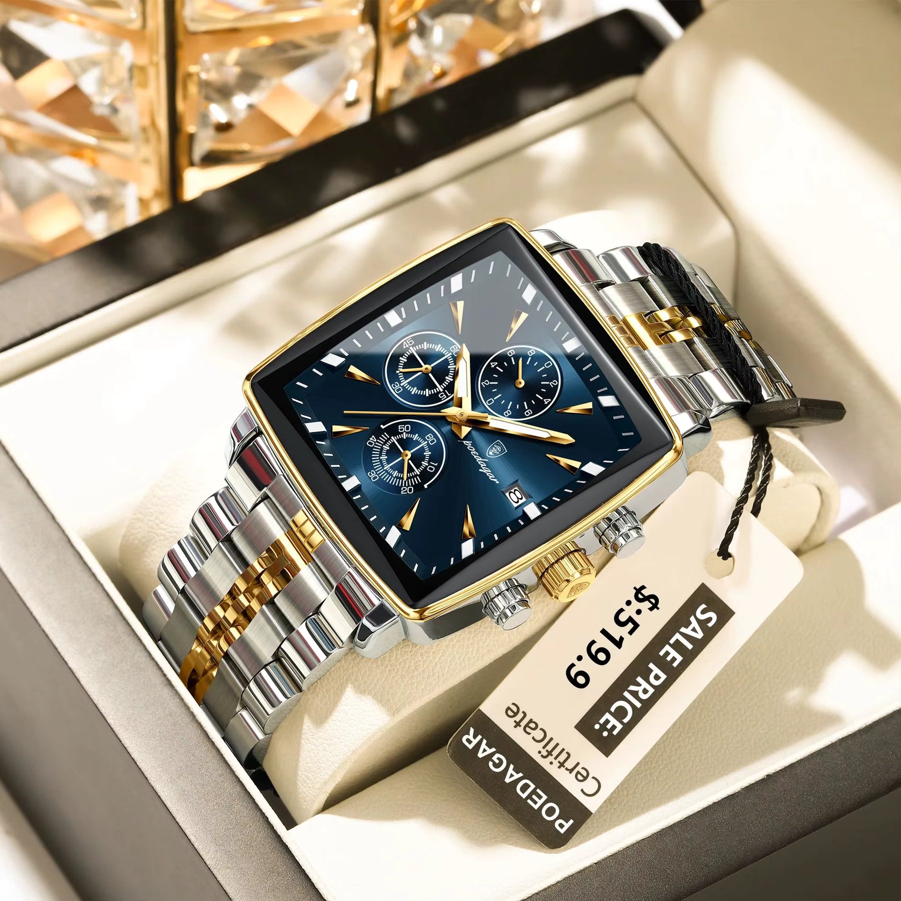 Relógio masculino POEDAGAR azul dourado quadrado com pulseira inox bicolor